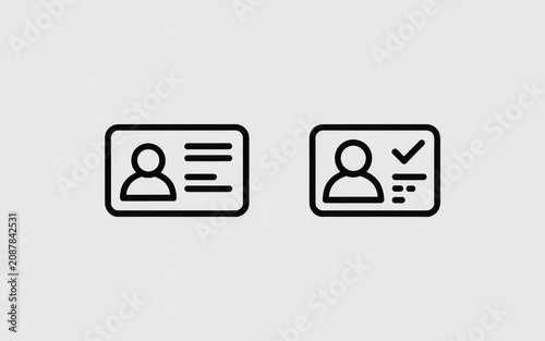 Simple outline icons of identity cards, one with a checkmark for verification