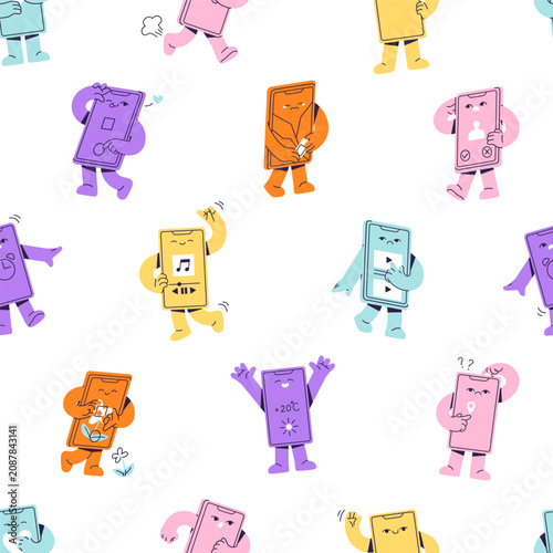 Repeatable pattern of cute colourful smartphones in different poses. Endless background of happy and sad mobile phones, telephone characters greeting, dancing. Flat seamless vector illustration