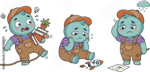 Foto Cute cartoon sad child character set showing clumsy accidents, disappointment after breaking a toy, and feeling upset in rainy weather