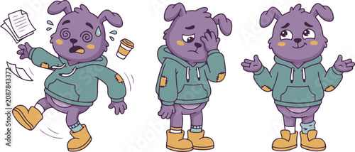 Foto Cute cartoon purple dog mascot character showing clumsy, worried, and confused expressions in colorful flat vector illustration isolated on white background