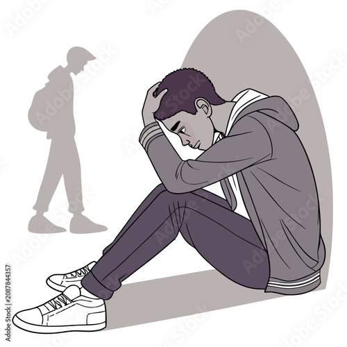 Obraz na płótnie Young Man Sitting with Head Down in Despair Heartbroken Silhouette Vector Illust