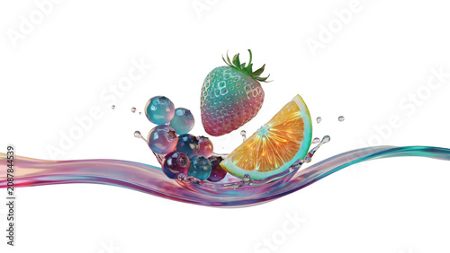 A surreal holographic fruit arrangement featuring a strawberry, orange slice, and blueberries with iridescent liquid waves on black background