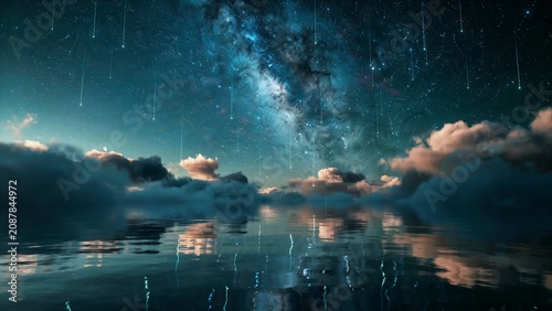 Night sky with glowing milky way galaxy and falling meteors reflecting on calm dark ocean water surface.