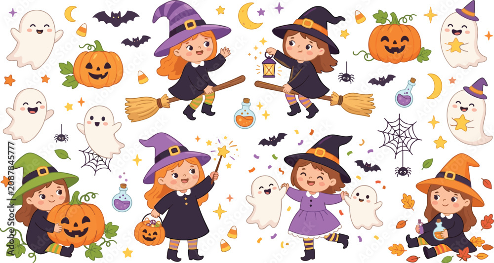 Fototapeta premium Cute Halloween Vector Clipart Set with Kawaii Little Witches, Happy Ghosts, Pumpkin Jack o Lanterns, and Flying Bat Icons for Holiday Graphic Designs