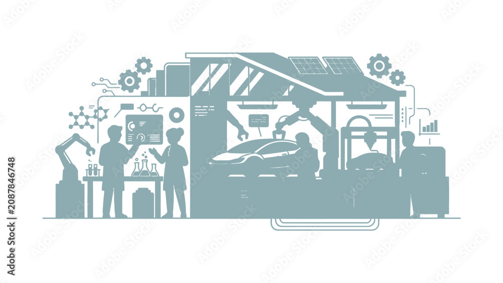 Obraz premium Modern Automotive Factory With Robotic Assembly And Scientists