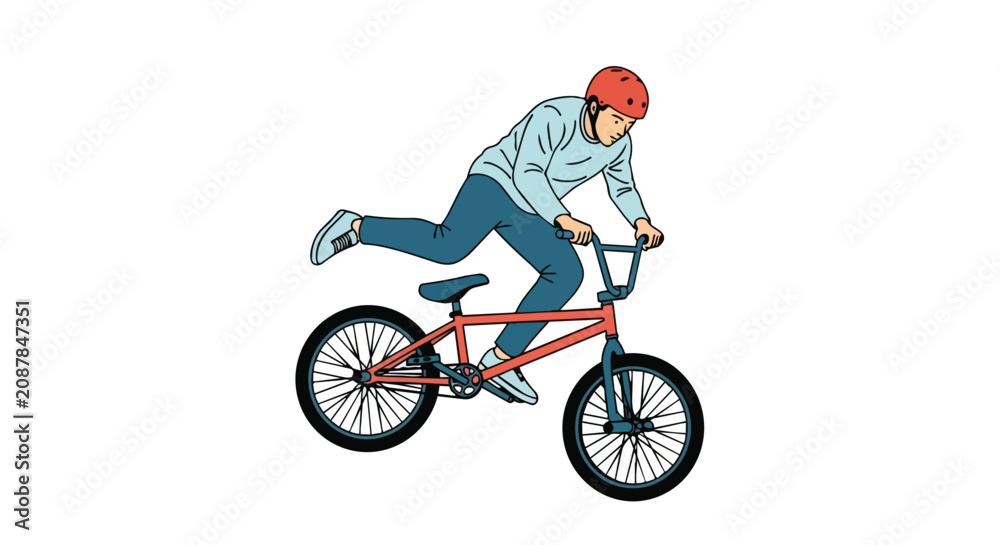 Obraz premium Professional BMX Biker Performing High Action Jump Stunt with Red Safety Helmet and Blue Casual Outfit Graphic