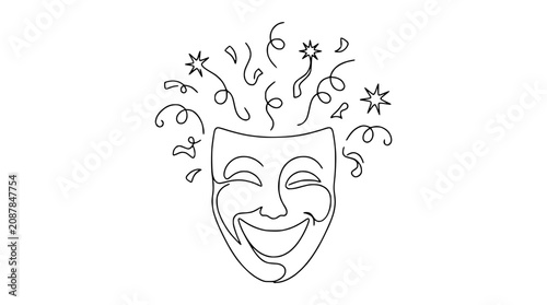 фотографія Joyful Mask Face with Confetti and Stars, Continuous Line Art