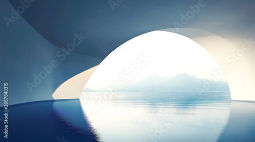 Minimalist Blue Arch Interior with Ocean and Mountain View