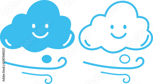 Cute doodle windy cloud weather icon set with smiling face in filled and outline style featuring breeze and airflow forecast symbols isolated on transparent background