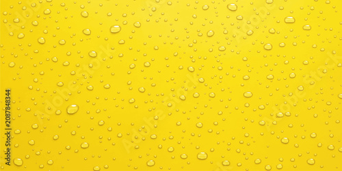 Obraz na plátně Yellow Background with Water Droplets: A bright yellow surface covered with numerous small, clear water droplets, creating a textured and refreshing abstract pattern