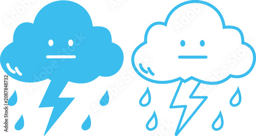 Fotografie Cute doodle rainy cloud weather icon set with sad face in filled and outline sty