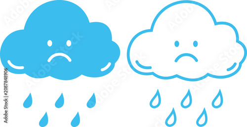 Obraz na płótnie Cute doodle rainy cloud weather icon set with sad face in filled and outline sty