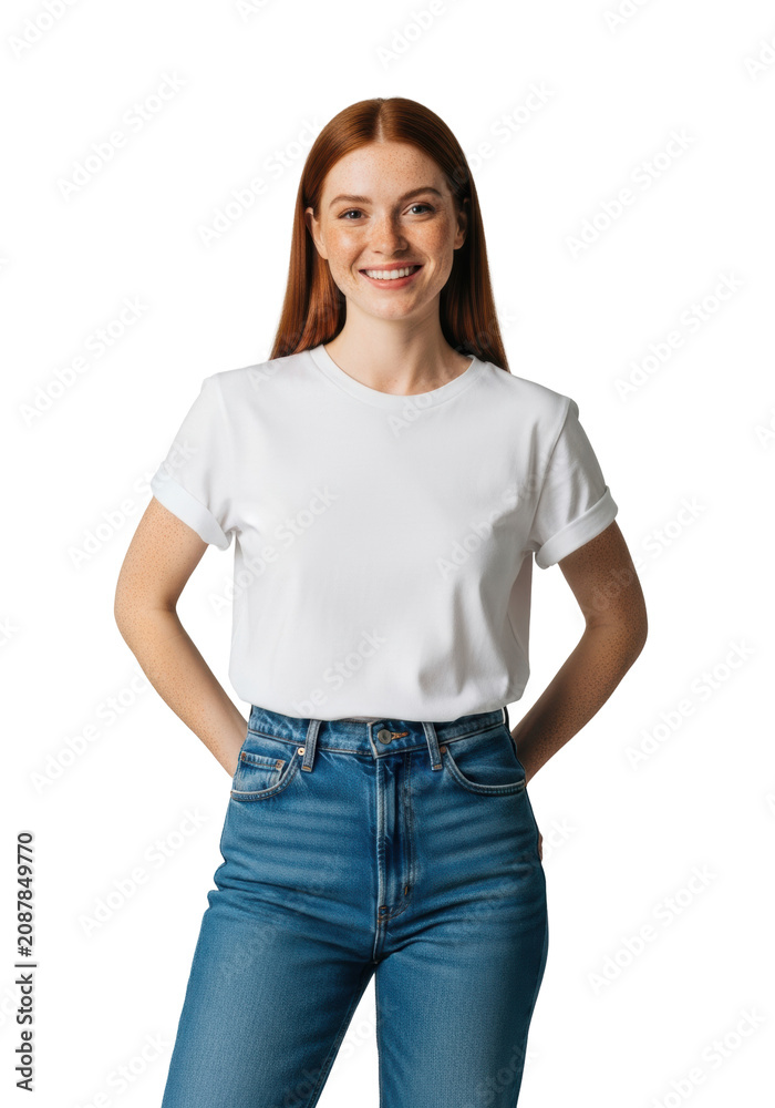 Obraz premium young red-haired caucasian woman with detailed freckles, wearing a white tee and blue denim, standing confidently against a flawless transparent seamless studio background. commercial casual youth