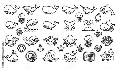 Foto Whale Doodle Hand Drawn Outline Icon Pack for Kids Coloring Book and Ocean Clipa