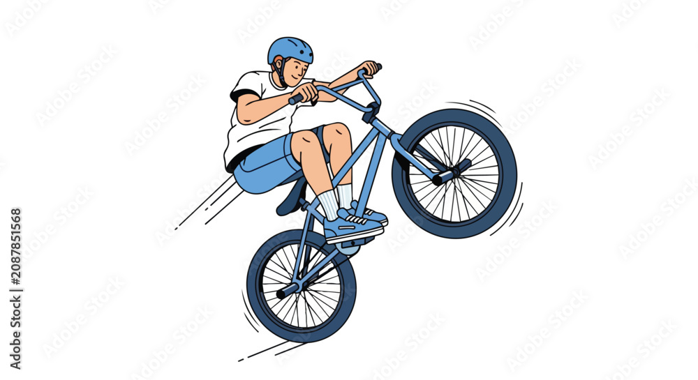 Obraz premium Young BMX Rider Performing Extreme Stunt and Wheelie Action Trick on Blue Bicycle with Helmet Sports Illustration