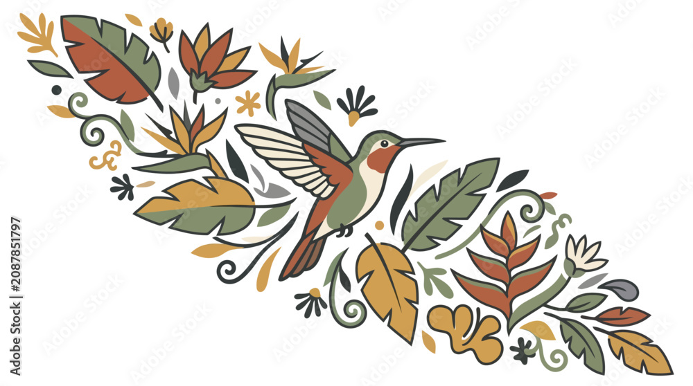 Obraz premium Hummingbird flying among tropical leaves and flowers in a decorative style