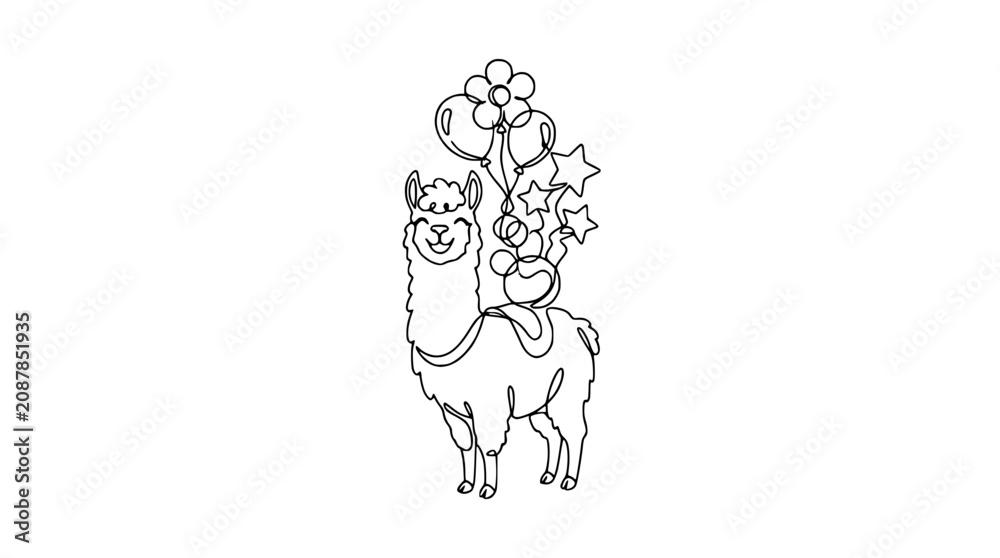 Fototapeta premium Happy Llama with Balloons and Stars - Continuous Line Drawing
