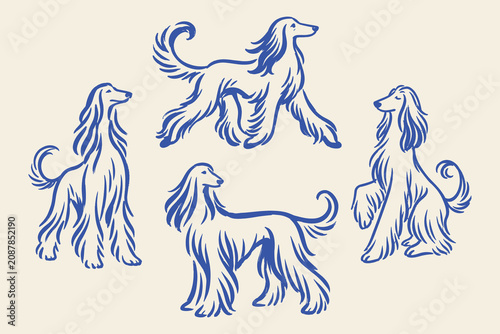 Afghan Hound Dog Set Hand Drawn Vector Illustration