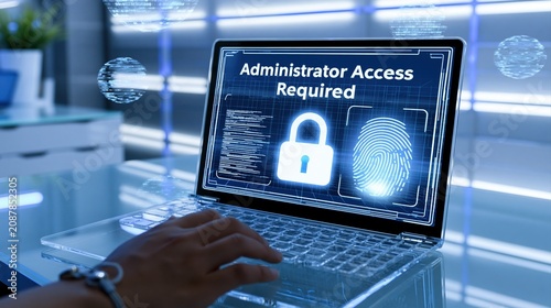 Person hands touch laptop screen for administrator access required with digital lock and fingerprint security system interface in cyber tech background