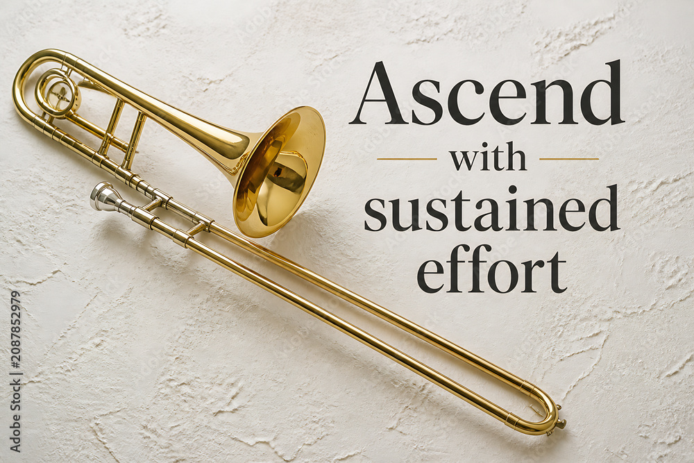 Naklejka premium A brass trumpet rests on a textured light-colored surface with the text 