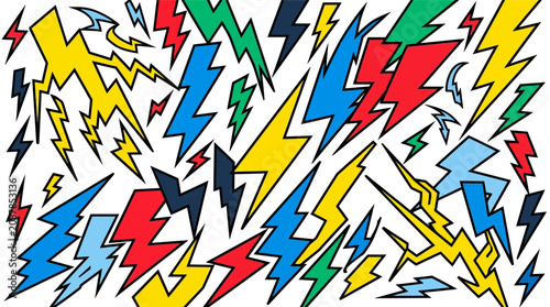 Colorful Lightning Bolt Pattern Illustration Featuring Vibrant Hand Drawn Shapes