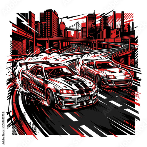 Two sports cars drift along a stylized city highway