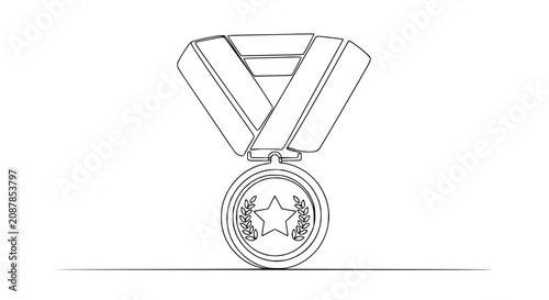 Bild auf Leinwand Minimalist outline drawing of a medal with ribbon, representing achievement and