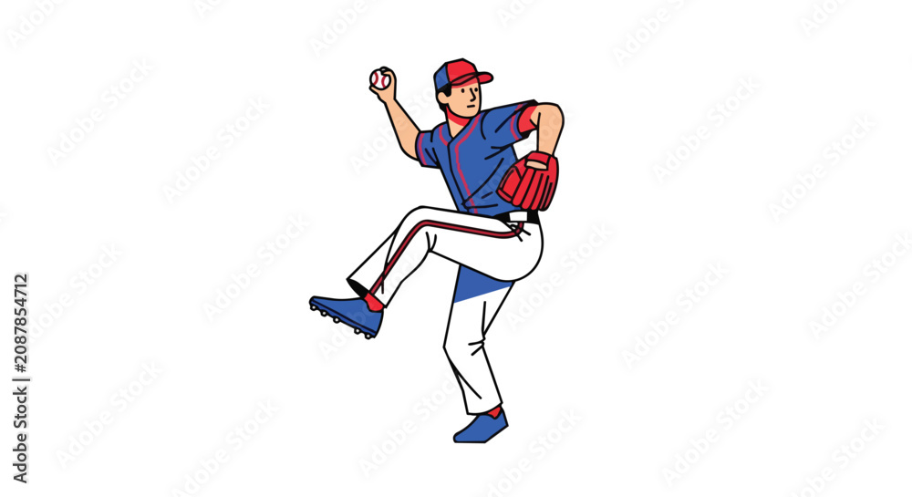 Fototapeta premium Professional Baseball Pitcher Throwing the Ball in Motion Wearing Sports Uniform Athletic Graphic Illustration