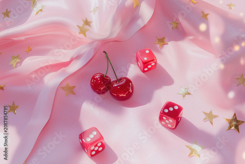 Glossy cherries flat lay. Pink dice and gold stars. Playful coquette aesthetic composition.