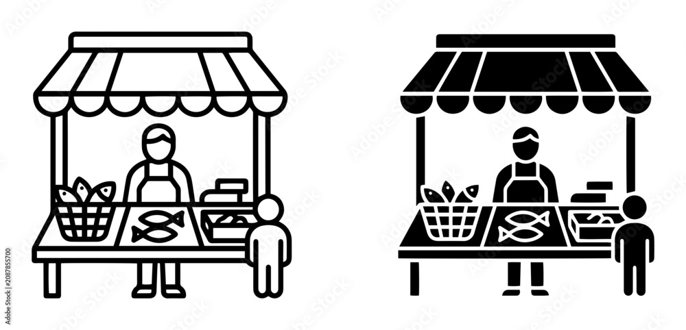 Naklejka premium Market Stall Icons: Vendor Selling Fish and Produce, Customer Interaction, Vector Graphics