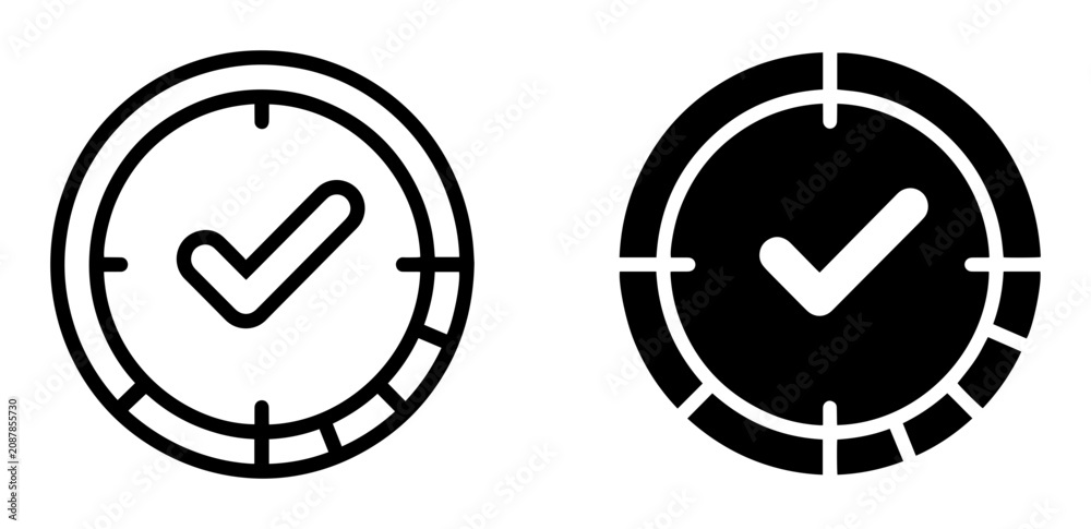Fototapeta premium Checkmark Clock Icons, Time Approved Symbols, Success Timer Vector Graphics