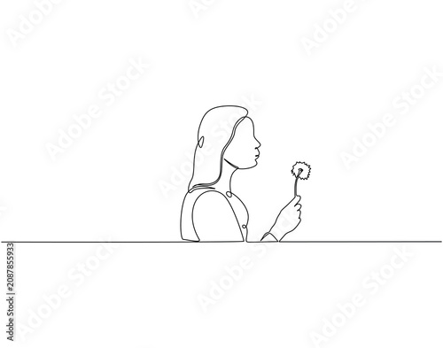 Woman blowing a dandelion continuous line art. Woman blowing dandelion one line drawing. Lifestyle, makes wish, hope concept vector illustration