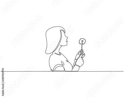 Woman blowing a dandelion continuous line art. Woman blowing dandelion one line drawing. Lifestyle, makes wish, hope concept vector illustration