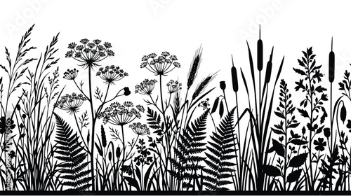 Wildflower meadow silhouette border, black floral grass and fern vector pattern, botanical summer field plants horizontal seamless background