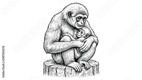 Obraz na plátně Vintage gibbon monkey with baby vector illustration, hand drawn primate mother a