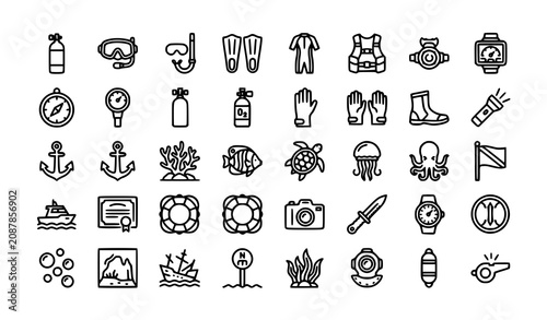 Foto Scuba Diving and Snorkeling Line Icons Set with Diving Equipment, Marine Life, S