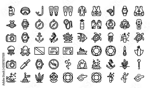 Schilderij op canvas Scuba Diving and Snorkeling Line Icons Set with Diving Equipment, Marine Life, S