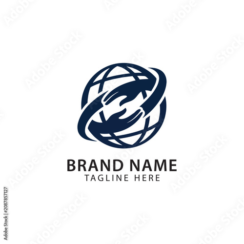 Modern vector logo featuring a globe combined with an abstract arrow and orbit swoosh, representing global logistics, international business, transportation, networking, technology, import-export