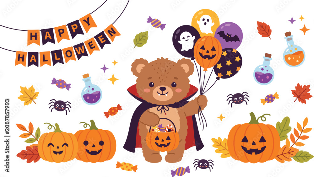 Fototapeta premium Happy halloween bear holding balloons and candy with pumpkins and decorations.