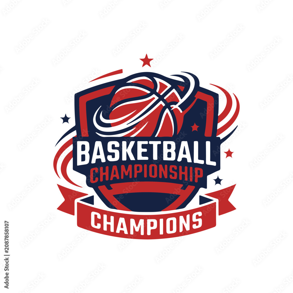 Fototapeta premium Basketball Championship Champions Logo Badge Shield With Stars Ribbon Vector Illustration Design. 