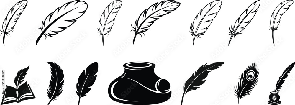 Fototapeta premium Set of detailed majestic feather collection. Bird Feather black silhouettes. Plumelet collection. Vector isolated on white.Detailed majestic feather collection. Feather Set icon,ethnic style set.