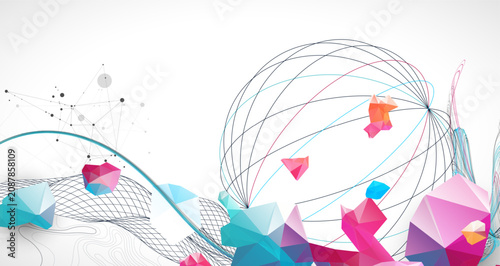 Canvastavla Abstract art background with scientific geometric concepts colorful low poly crystals and delicate wave lines