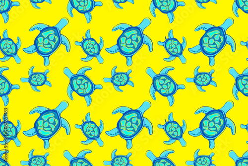 Vibrant seamless pattern of stylized swimming sea turtles in bright shades of blue and teal over an energetic yellow background. For summer swimwear, tropical textiles, and children beach accessories.