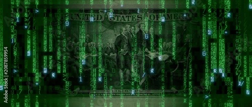 Digital Currency Concept with Two Dollar Bill made from Animated Numbers and Symbols. Cryptocurrency Finance Background.