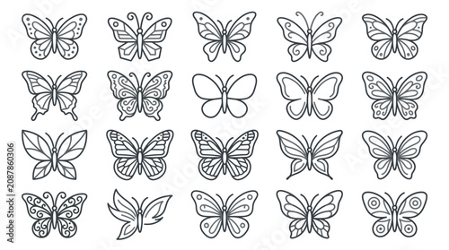 Foto Stylized butterfly icons in monochrome line style.