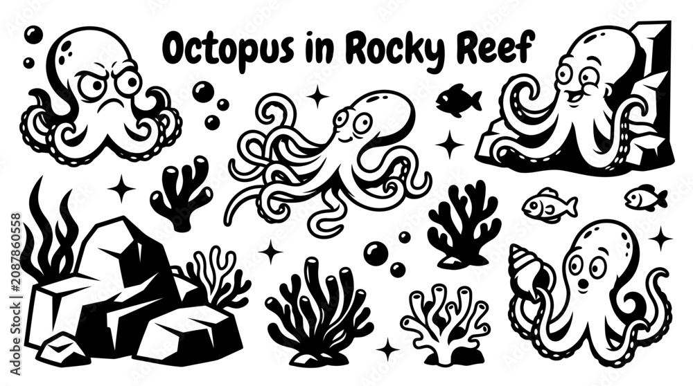 Fototapeta premium intelligent octopus exploring a rocky coral reef set with sponges marine algae shells tropical fish and textured seabed creating a fascinating underwater habitat for commercial vector