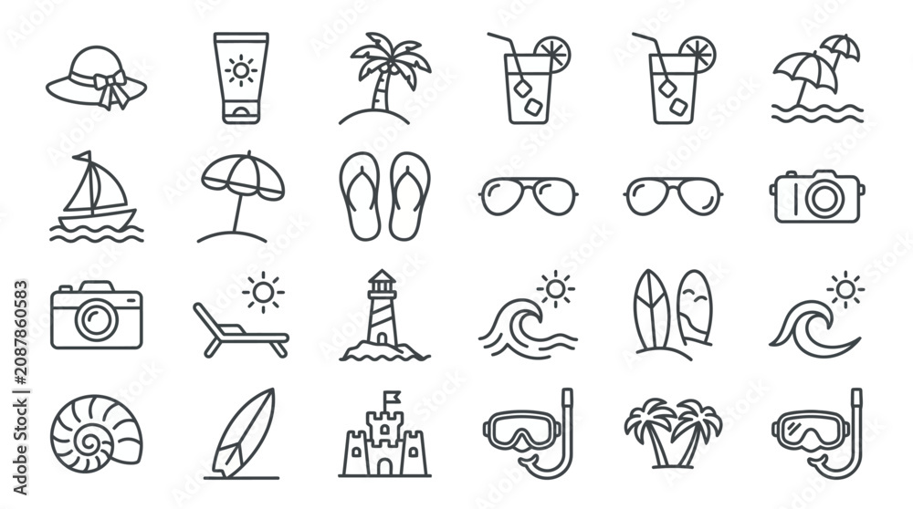 Fototapeta premium Tropical vacation and coastal leisure linear icons set.