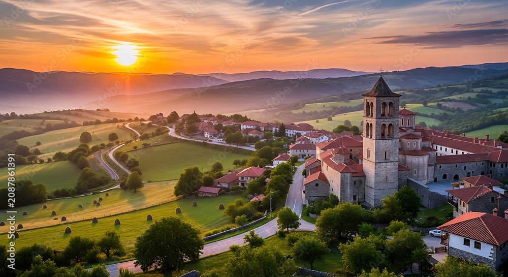 Obraz premium Golden sunset over rural countryside village with windmill.