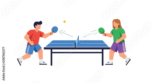 Male and Female Athletes Playing a Table Tennis Match with Paddles and Ball on a Blue Table for Sport Background