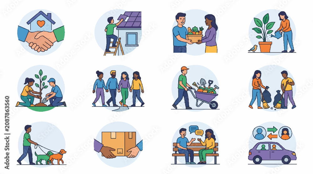 Fototapeta premium Cartoon People Character Icon Set Collection with Funny Men Women Children Workers Builders Business Team and Sports Vector Illustration Design